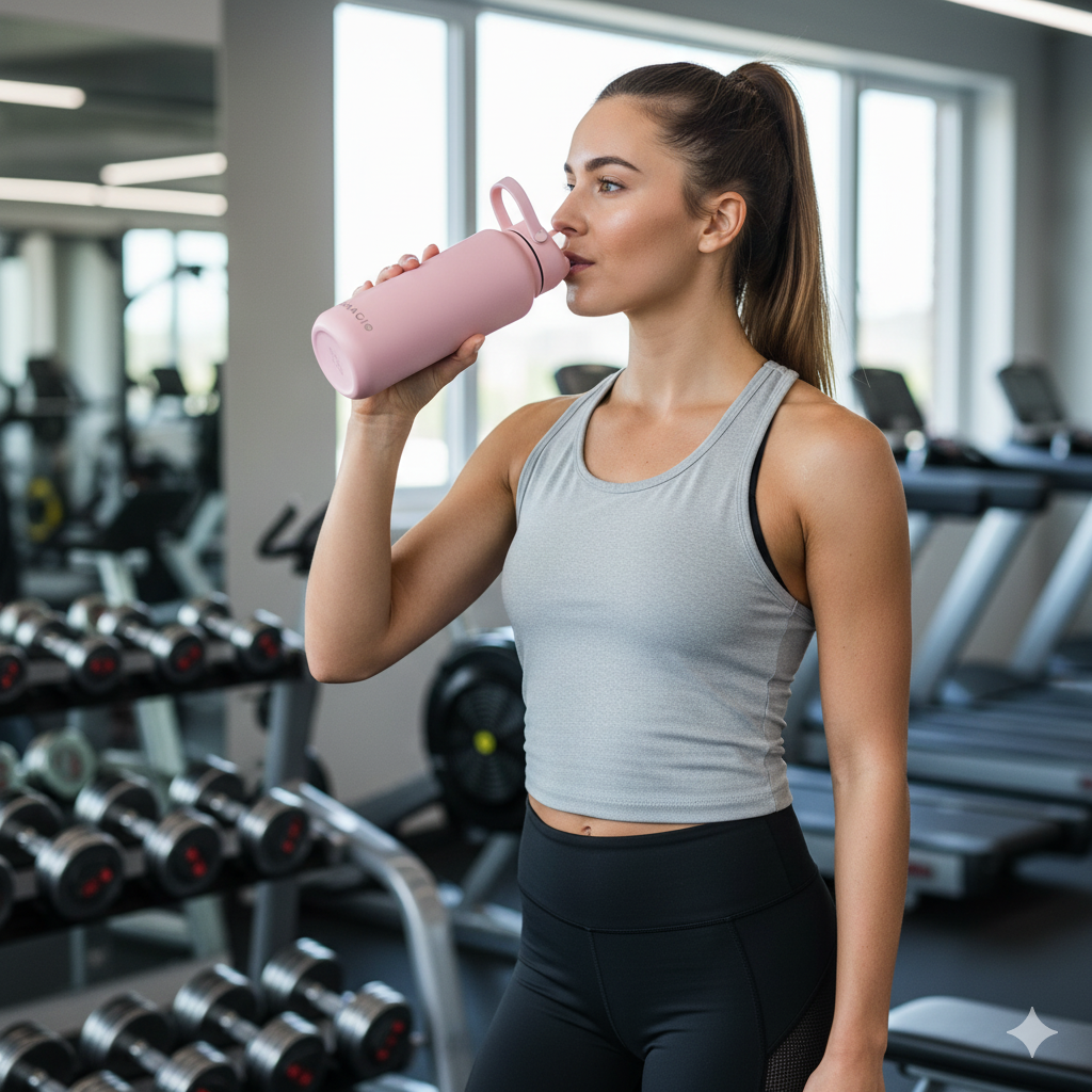 Woman with a pink KAMAGIO bottle at the gym