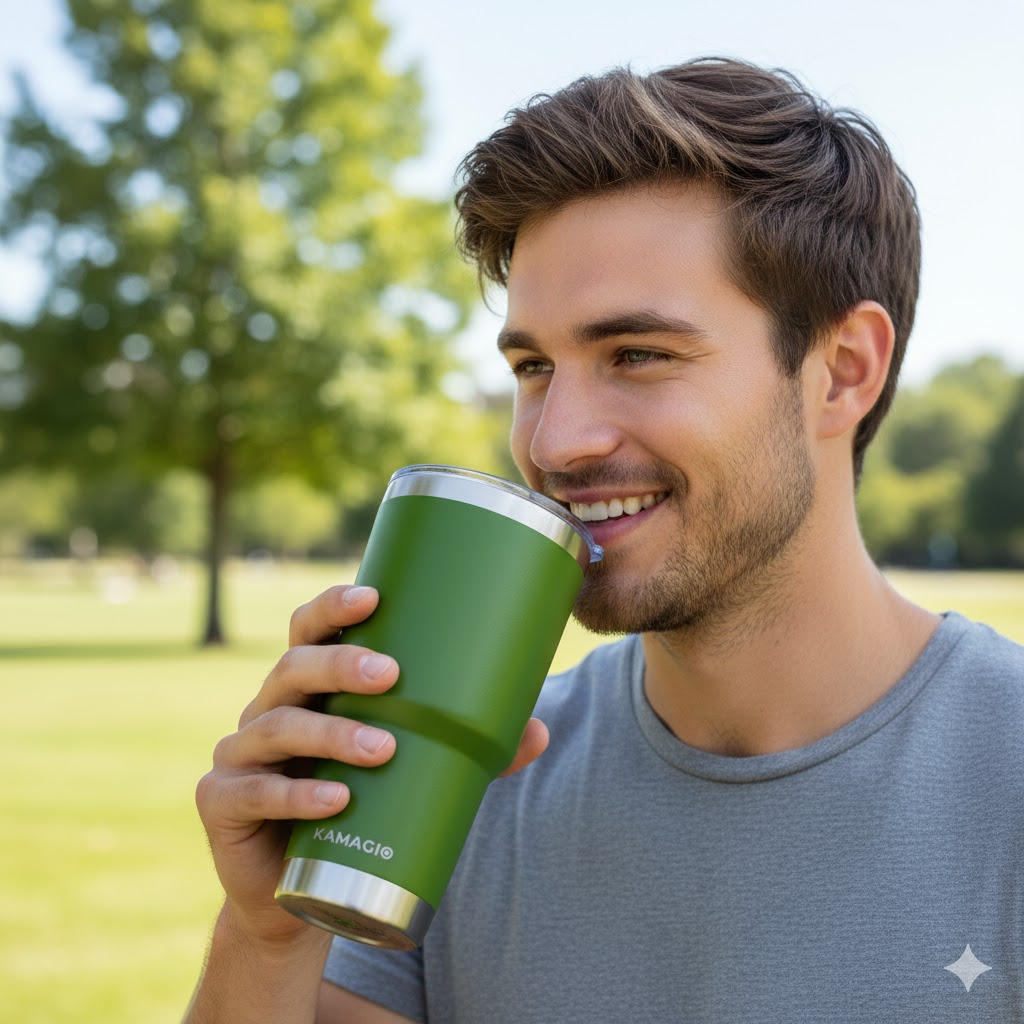 A man in a park sips from a green KAMAGIO tumbler